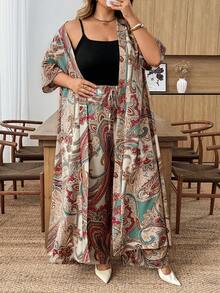 SHEIN CURVE+ Curve 尺码 US22 音乐节、海滨度假、波西米亚风印花两件套外套和裤子，度假沙滩装 - 彩色 - 查看 9
