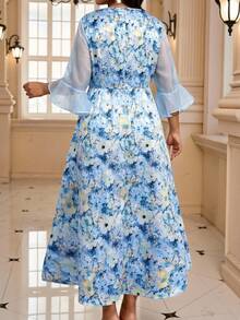 Fleurora Plus Size Women Floral Print Round Neck Mesh Flare Sleeve Elegant Dress Formal Wedding Guest Dresses For Festival Outfits Autumn Birthday White - Multicolor - View 3