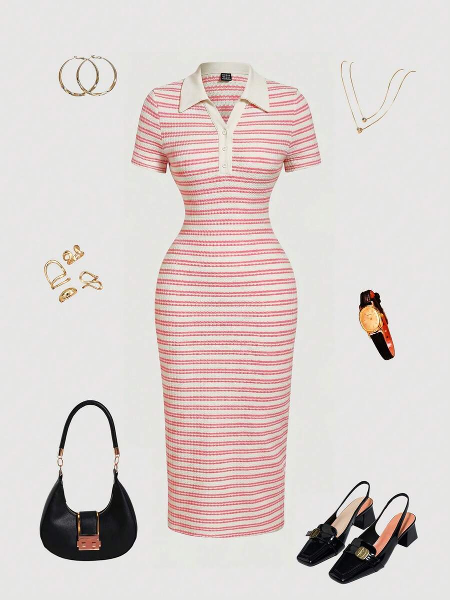 SHEIN MOD 女款夏季休閒條紋POLO領短袖中長洋裝 - 粉色 - 查看 1