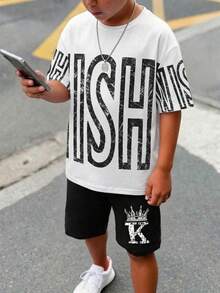 SHEIN 儿童/青少年男孩灰色短袖休闲简约针织T恤，饰有大号字母图案，适合返校、郊游、聚会、度假、春夏穿着。 - 白色 - 查看 5
