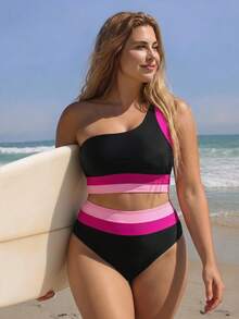 Swim Lushoire 2-teiliges Badeanzug-Set Große Größen für Damen, Farbblock-Design, einseitig getragen, modisch, minimalistisch, klassisch, 2026 neuer Stil für Strandurlaub, Pool, Sommer - Verschiedenfarbig - Übersicht 5