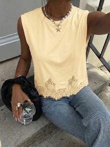 Siren Gaze Women's Summer Casual Solid Color Contrast Lace Round Neck Tank Top - Light Yellow - View 5