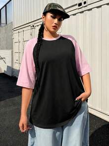 Muchica Camiseta Talla Grande de Verano Básica Casual con Manga Raglán Multicolor Patchwork Manga Corta Ajuste Holgado - Negro - Ver 4