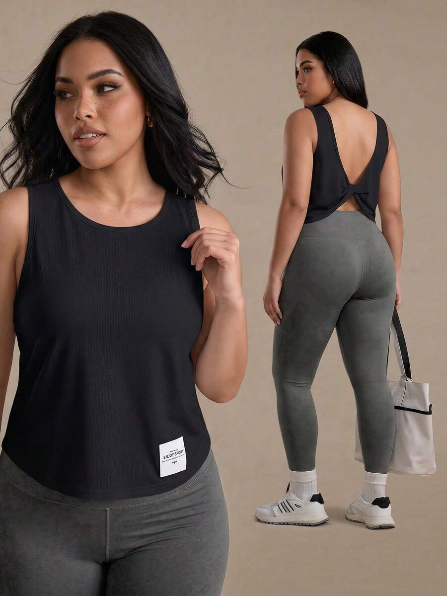 SHEIN Rhythm Era Tank Top Jala Kasual Olahraga Ukuran Plus Wanita - Coklat - View 1