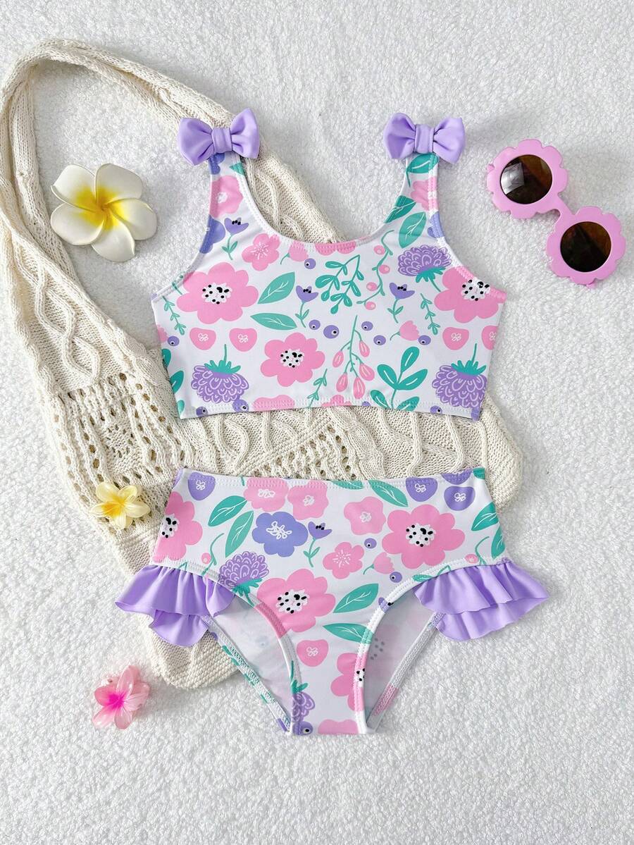 SHEIN Young Girl Multicolor Floral Print 3D Bow Decor Tank Top And Triangle Bottom Swimsuit Set - Purple - View 1