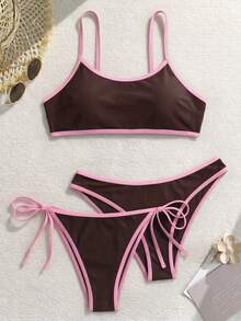 Swim Mod 2025 Women's New 3-Piece Set Spaghetti Strap Wire-Free Solid Color Shoulder Strap Separate Double Bikini Swimsuit - Brown - View 2