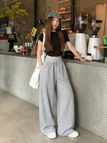 DAZY Solid Color Loose Pleated Long Pants Sports Casual Spring Women's Sweatpants - Grey - View 8