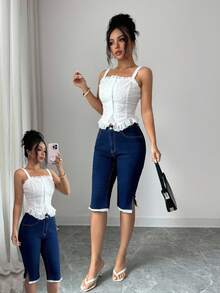 Selianne Women's Casual Elastic Lace Trim Modern Fashion Woven Denim Capri Pants - Dark Wash - View 7