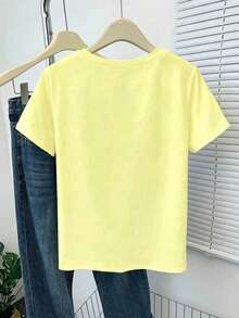 Franclia Plus Size Women's Versatile Embroidered Round Neck Short Sleeve T-Shirt - Yellow - View 2