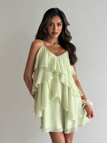 Aloruh Elegantes mehrlagiges Rüschen-Chiffon-Mini-Kleid mit Raffung für Damen, für Strandurlaub, Dates und Partys - Minzgrün - Übersicht 7