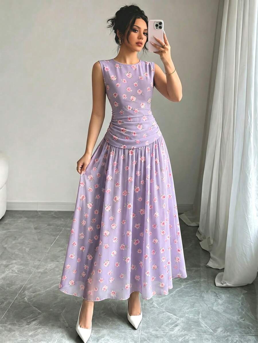 Modelyn 玫瑰印花法式无袖连衣裙,女士时尚低腰收腰长裙,褶皱腰部设计,浅紫色花卉图案连衣裙,夏季度假风,优雅日常装扮 - 彩色 - 查看 1