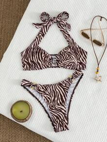 Swim Vcay Summer Beach Vacation Women's Solid Color Halter Neck Bra Swim Bottom Bikini Set Bathing Suit Brown Zebra Print Tropical - Multicolor - View 1