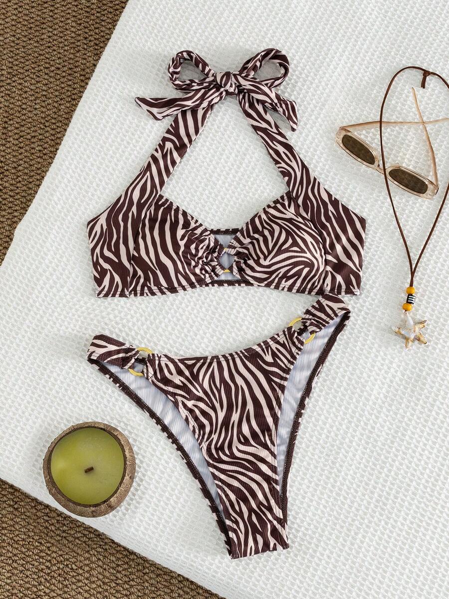 Swim Vcay Summer Beach Vacation Women's Solid Color Halter Neck Bra Swim Bottom Bikini Set Bathing Suit Brown Zebra Print Tropical - Multicolor - View 1