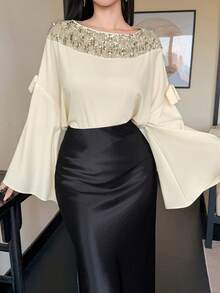 DAZY Autumn White Sequin Blouse Women Niche Design High-End Elegant Modest Beaded Mesh Patchwork Cape Top Birthday Mother Of The Bride Wedding - Apricot - View 10