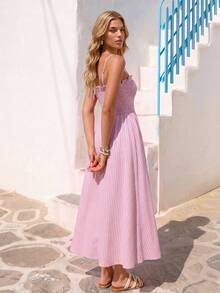 Vivid Eden Spring/Summer Women's Vacation Pink Woven Striped Sling Long Dress, Women Vacation Dress, Pink Striped Dress, Wedding Guest Dress Women,Date Night Dress,Casual Dresses For Women,Pink Dress,Cami Dress - Pink - View 3