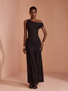 JIAN LASALA Mesh One Shoulder Ruched Sleeveless Women Boho Dress Party Casual Holiday - Brown - View 4