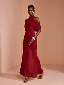JIAN LASALA Mesh Halter Neck Ruched Sleeve Women Boho Dress Vacation Casual Holiday - Burgundy - View 6