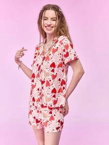 Notgurli Women's Heart Pattern Casual & Home Wear 2-Piece Open Front Set - Pink - View 3