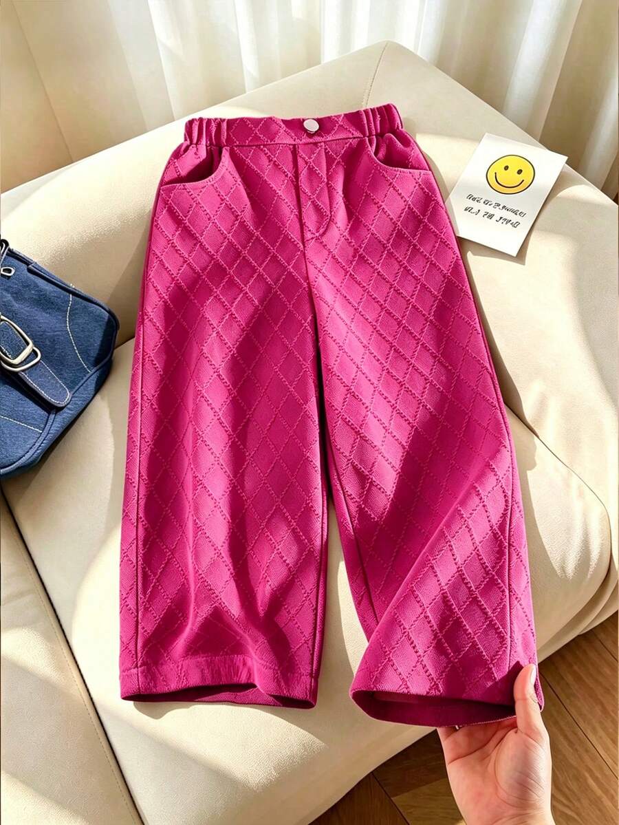 SHEIN 女童幼兒藍色純色紋理寬腿牛仔褲,休閒牛仔女牛仔西部牛仔褲,適合秋季與返校季 - 玫紅色 - 查看 1