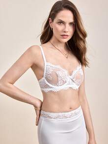Hourtrue Sujetador de copa triangular con aro y encaje floral para el verano - Blanco - Ver 7