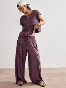 Bohemela Casual Boho Solid Color Knit Round Neck Loose T-Shirt Low Waist Loose Wide Leg Long Pants Women's 2 Pieces Set Travel Dusty Purple Summer - Dusty Purple - View 3