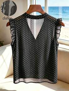 SHEIN Franclia Damen neue Polka Dot Rüschen Saum Taille Cinched Pendler Chiffon Bluse - Schwarz - Übersicht 2