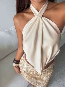 DAZY Women's 2pcs Sexy Tropical Summer Vacation Set Spaghetti Strap Backless Sequin Camisole Top And Mini Skirt Night Out Cream Beige School Party - Apricot - View 6