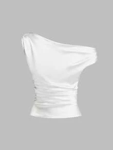 Sweetra Áo kiểu nữ kiểu Pháp trễ vai ôm sát xếp ly satin màu hồng mới cho mùa Xuân/Hè, phù hợp mặc thường ngày, đi tiệc và ăn tối buổi tối - trắng - Xem 2