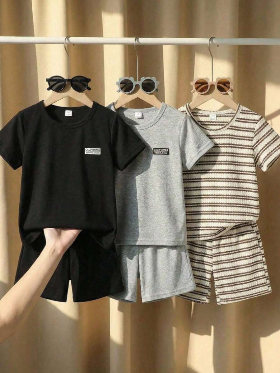 青少年男孩夏季華夫格條紋短袖T恤與短褲2件套 - 彩色 - 查看 1