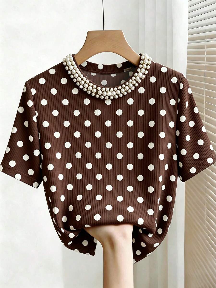 Franclia Elegant Slim Fit Round Neck Beaded Casual Ribbed Short Sleeve Women's T-Shirt - Brown - View 1