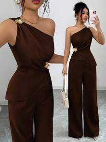 Selianne Minimalist Sexy Style Asymmetric One-Shoulder Tank Top & Bottom 2 Pieces Set For Women - Coffee Brown - View 1