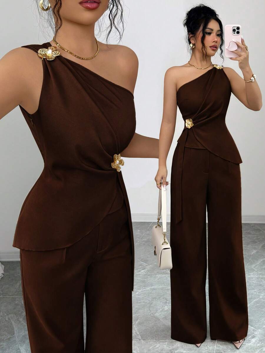 Selianne Minimalist Sexy Style Asymmetric One-Shoulder Tank Top & Bottom 2 Pieces Set For Women - Coffee Brown - View 1