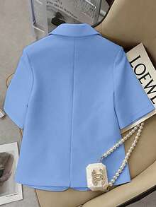 Franclia New Spring/Summer Solid Color Short Sleeve Blazer Jacket Minimalist Commuter - Blue - View 2