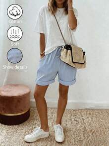 EMERY ROSE Women's Loose Striped Shorts With Pockets, Casual Vacation Style - Blue and White - View 4