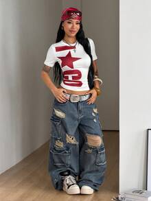 Coolane 女款夏季街頭風 Y2K 外出日常城市度假夜生活休閒返校圖案彈性白色與紅色上衣 - 彩色 - 查看 5