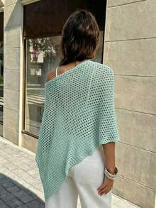 SHEIN Franclia 女款素色鏤空蝙蝠袖不對稱下擺毛衣 - 薄荷綠 - 查看 2