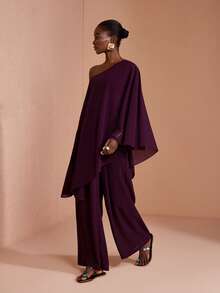 JIAN LASALA Women Chiffon Boho Asymmetrical Neck Long Sleeve Wide Leg Jumpsuit - Chocolate Brown - View 3