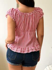 Sweetra Red & White Plaid Fitted Short Sleeve Cropped Shirt, Spring/Summer - Red and White - View 2