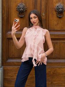 Siren Gaze Top de cuello halter con volantes y lazo, moda dulce para mujer, primavera/verano - Rosa - Ver 5