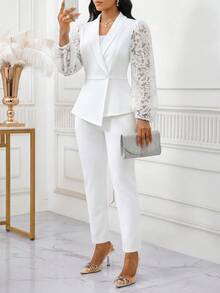 SHEIN Lady Women's Button Lace Patchwork Asymmetrical Hem Blazer And Casual Suit Pants Set - White - View 4