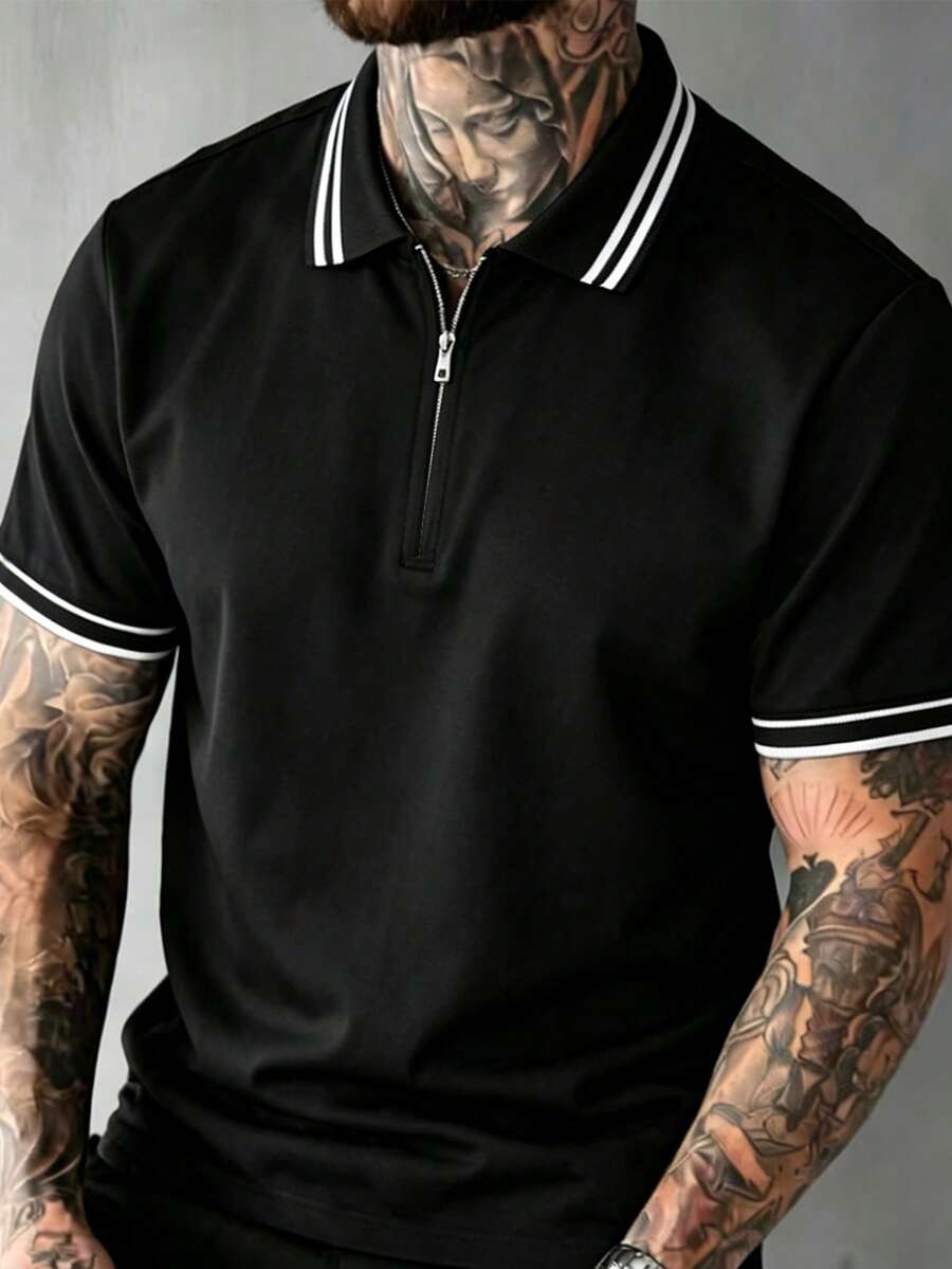 Manfinity Homme Color Block Collar Zip-Up Polo Shirt - Black - View 1