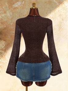 Amplova Women's Fashion Hollow Out Tie-Up Long Sleeve Knit Top For Vacation - Brown - View 7