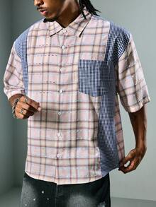 ROMWE MEN Street Life Men's Patchwork Plaid Short Sleeve Pocket Design Casual Loose Fit Shirt - Multicolor - View 9