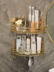 2 PCS Large Capacity No Drilling Wall Mounted Rustproof ABS Black Bathroom Corner Shelf Triangle Storage Rack Shower Caddy Soap Dish Sponge Holder Organizer Space Saver For Bathroom Toilet Laundry Room - Gold Two Sets - View 5