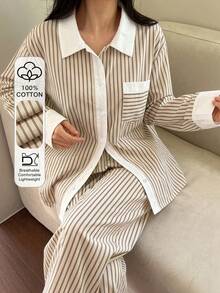 DAZY 2pcs/Set Conjunto de Pijama para Mujer Estilo Camisa con Tela de Bloques de Color, Patchwork y Rayas para Primavera - Caqui - Ver 3
