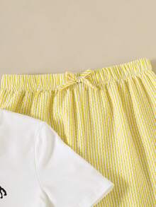 Tween Girl Embroidered White Crew Neck Short Sleeve T-Shirt And Yellow Wide Leg Pants Set - Multicolor - View 5