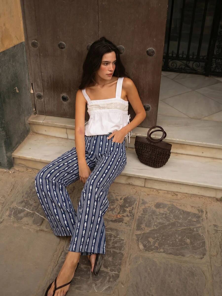 Nöista Wide-Leg Pants In A Fishes And Stripes Printed Fabric With A Mid-Rise Waistband, Button Closure, Front Pockets. Spring, Summer, Music Festival. - Royal Blue - View 1
