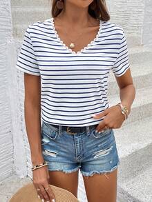 SHEIN Frenchy Women's Striped Back Contrast Lace V-Neck Short Sleeve T-Shirt - Blue and White - View 4