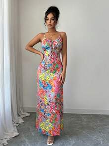 Selianne Abito da donna elegante alla moda da pendolare casual comodo affascinante vintage minimalista di alta gamma romantico per vacanze e festività senza maniche con spalline sottili vita arricciata orlo a A estivo caldo colorato con stampa floreale in raso lucido (stampa casuale) - Multicolore - Visualizzare 5