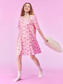 SHEIN Women's Short Sleeve Round Neck Striped Nightgown - Pink - View 5